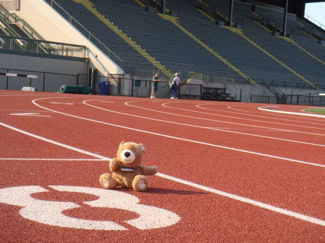 Hayward Field's Main Grandstand and Jack the Bear in Lane 8