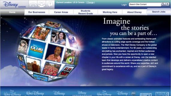 Disney Careers website home page screen shot