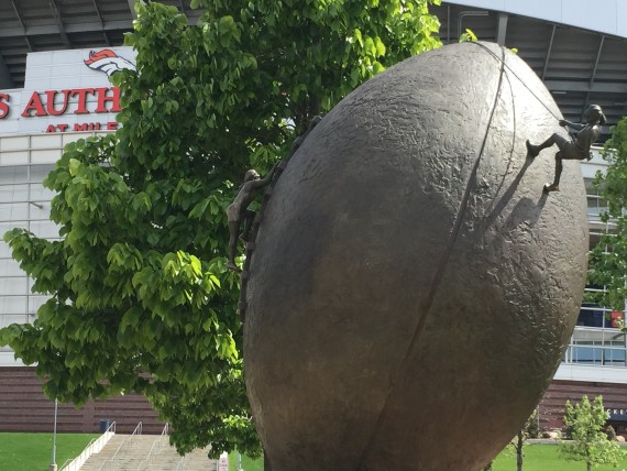 Giant bronze football sculpture at Mile High Stadium