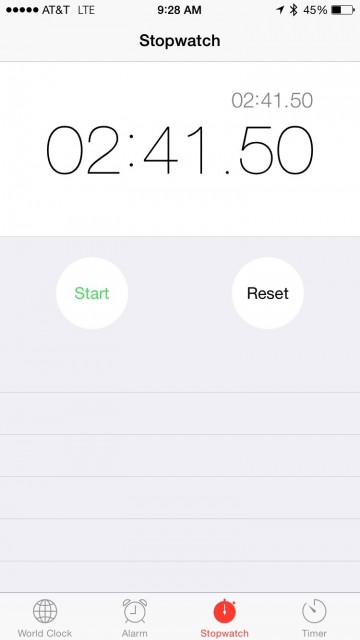 iPhone stopwatch screen shot
