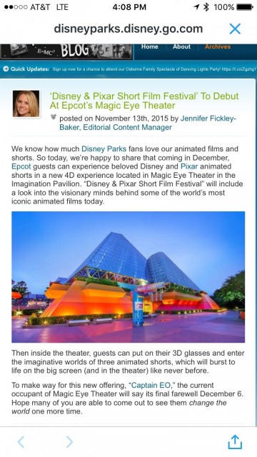 Disney Parks Blog update on Captain EO closing