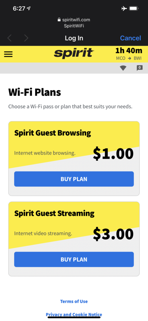Airplane Wi-Fi purchase screen
