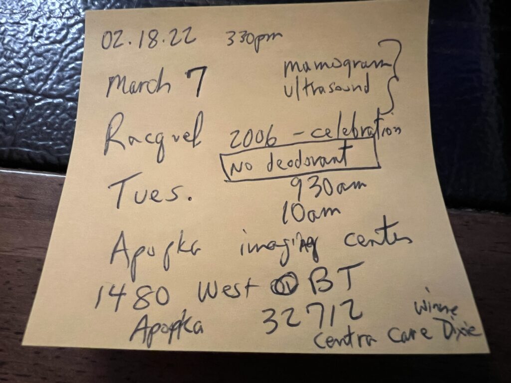 hand-written notes on a post it note