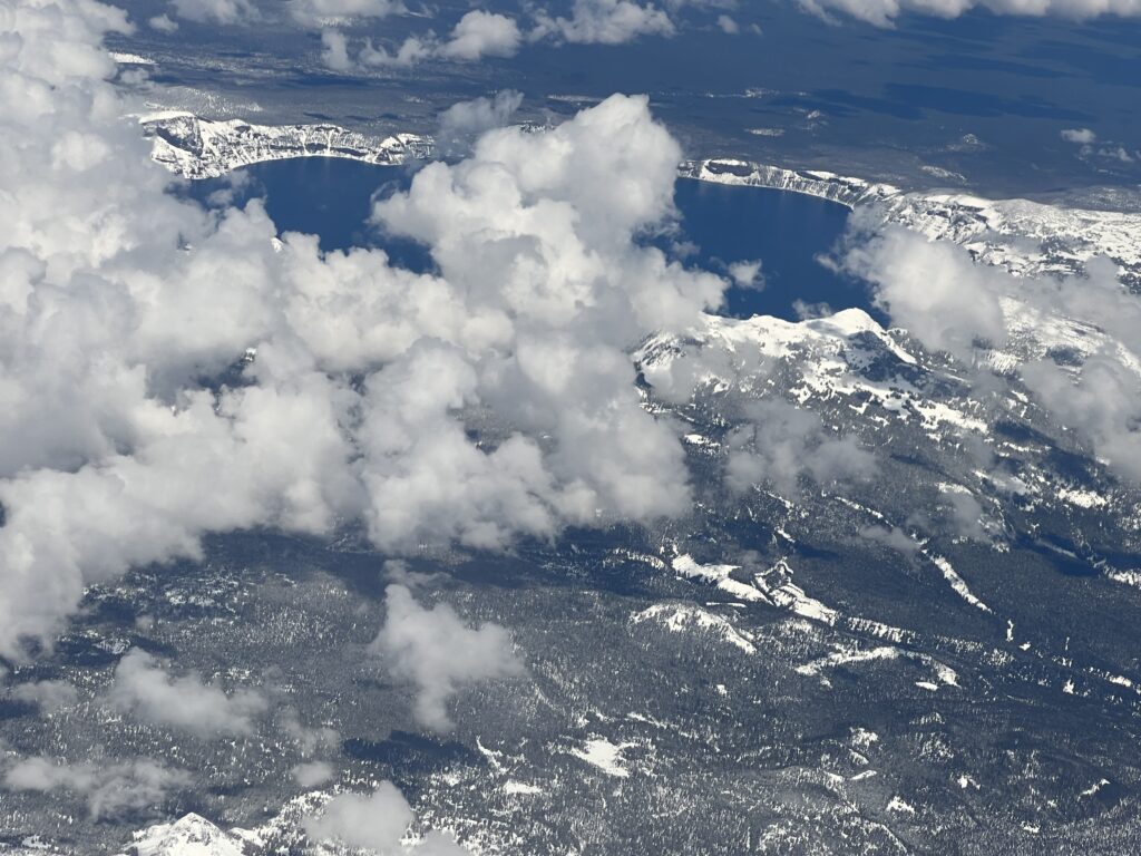Volcanic mountain lake from a jet