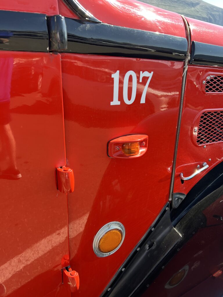 Closeup of red bus door