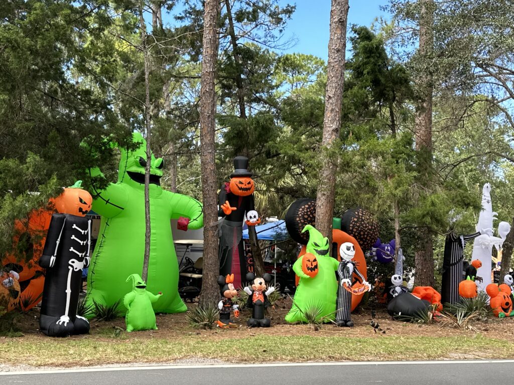 large campsite display of Halloween inflatables